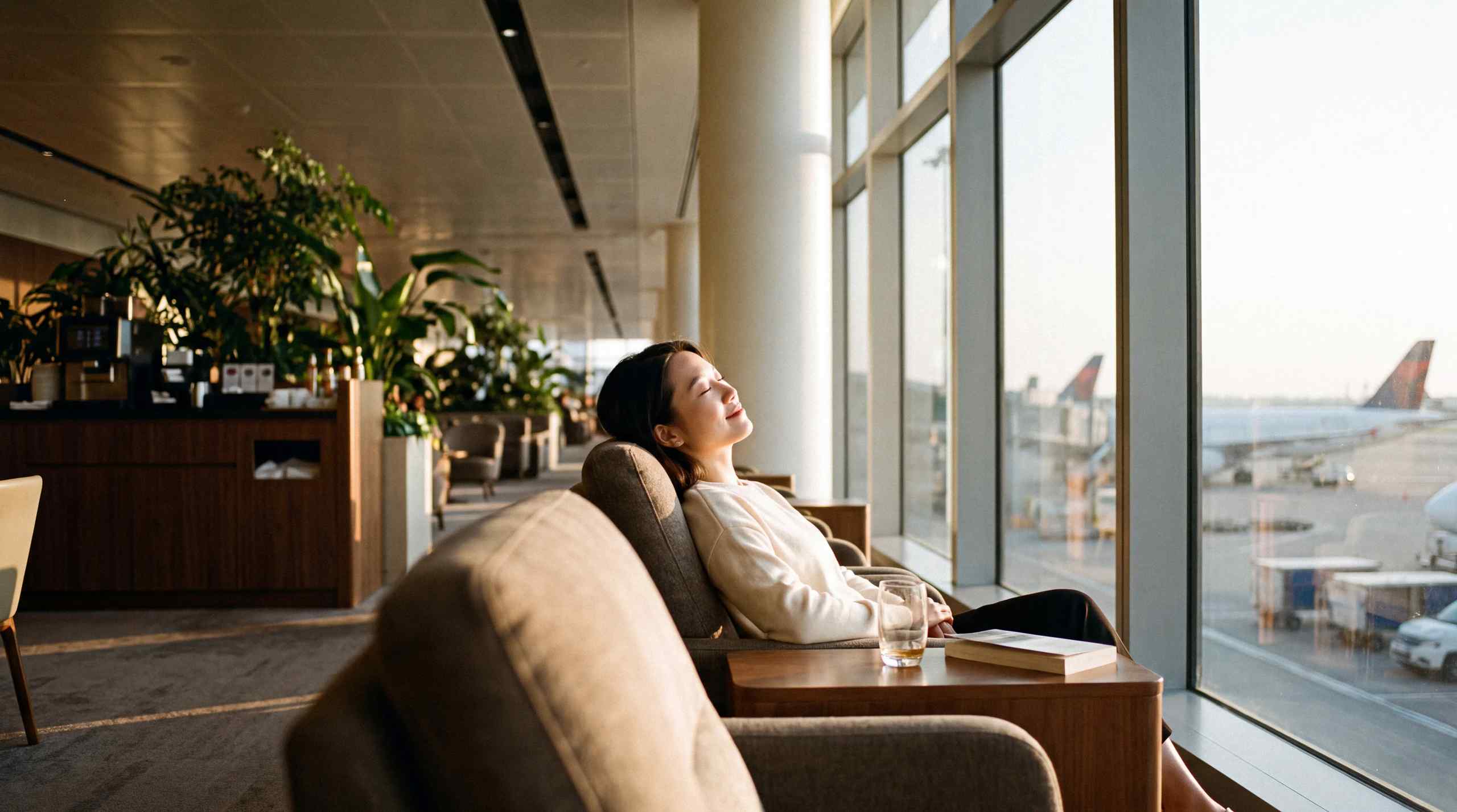 A woman enjoying a blissful rest at an airport.